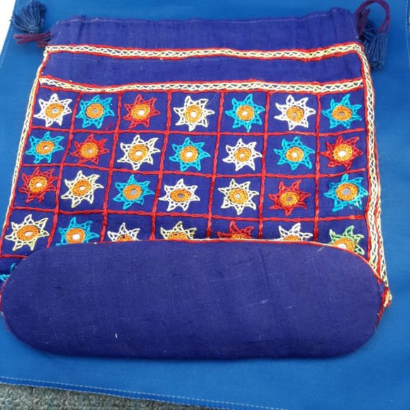 Embroidered Drawstring Bag Tassels Boho Mirror Work Sewing Market Colorful EUC - Picture 3 of 8